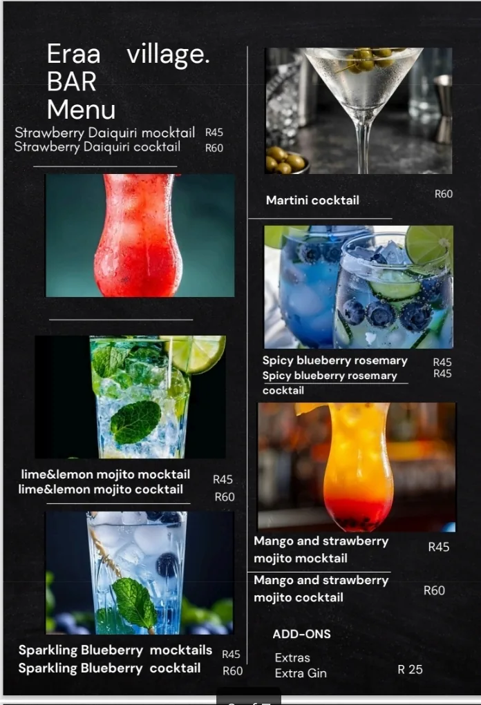 Eraa Village bar menu with cocktail and mocktail photos