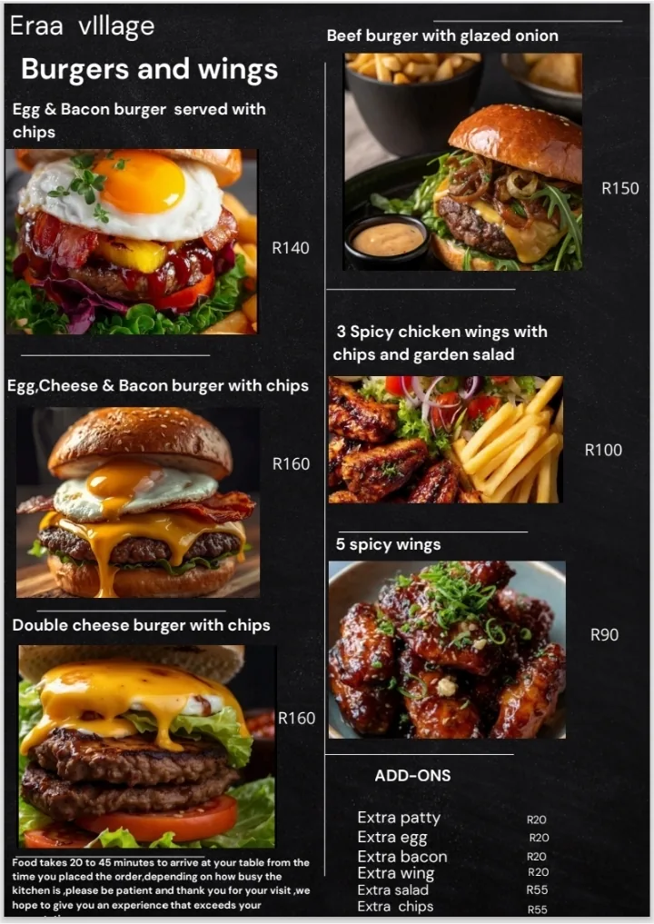 Eraa Village burgers and wings menu with photos