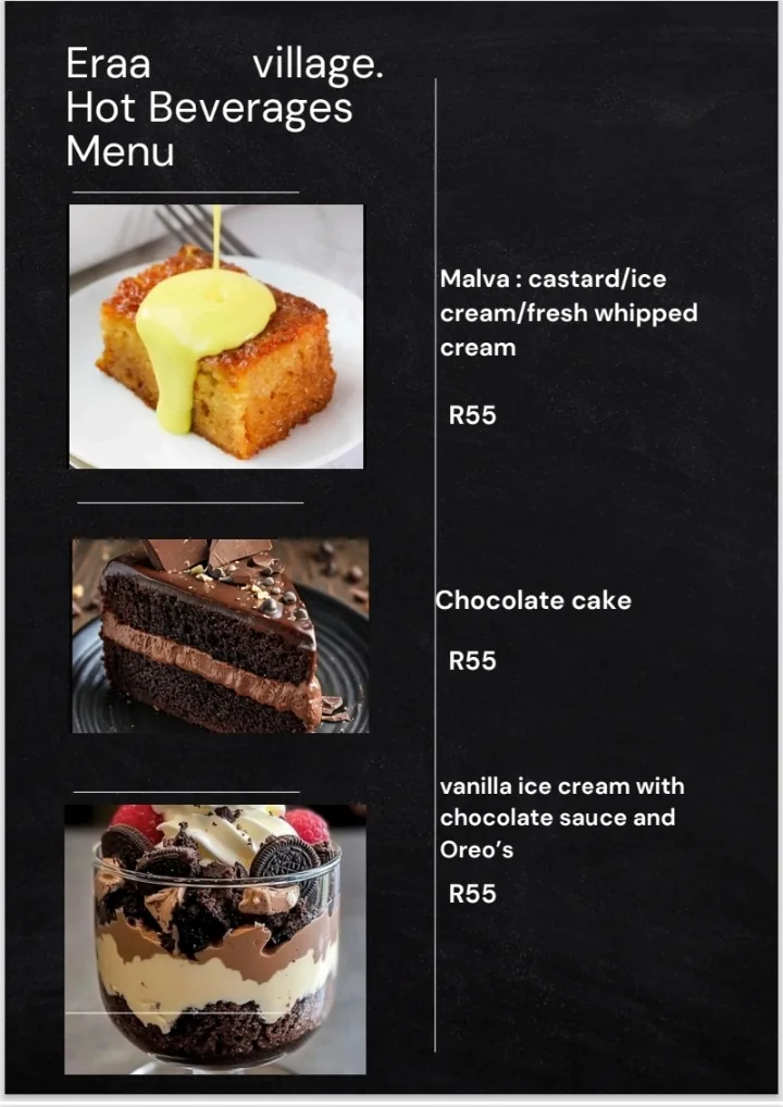 Eraa Village dessert menu with photos: malva pudding, chocolate cake, Oreo ice cream