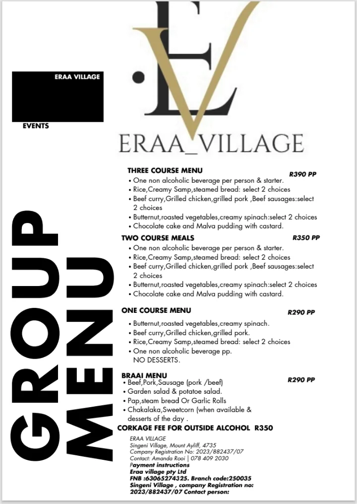 Eraa Village group menu with three-course, two-course, one-course and braai options