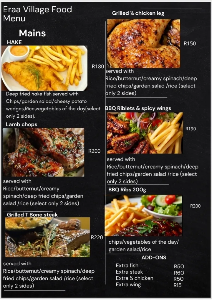 Eraa Village mains menu with photos: hake, lamb chops, T-bone steak, chicken leg, BBQ riblets, BBQ ribs