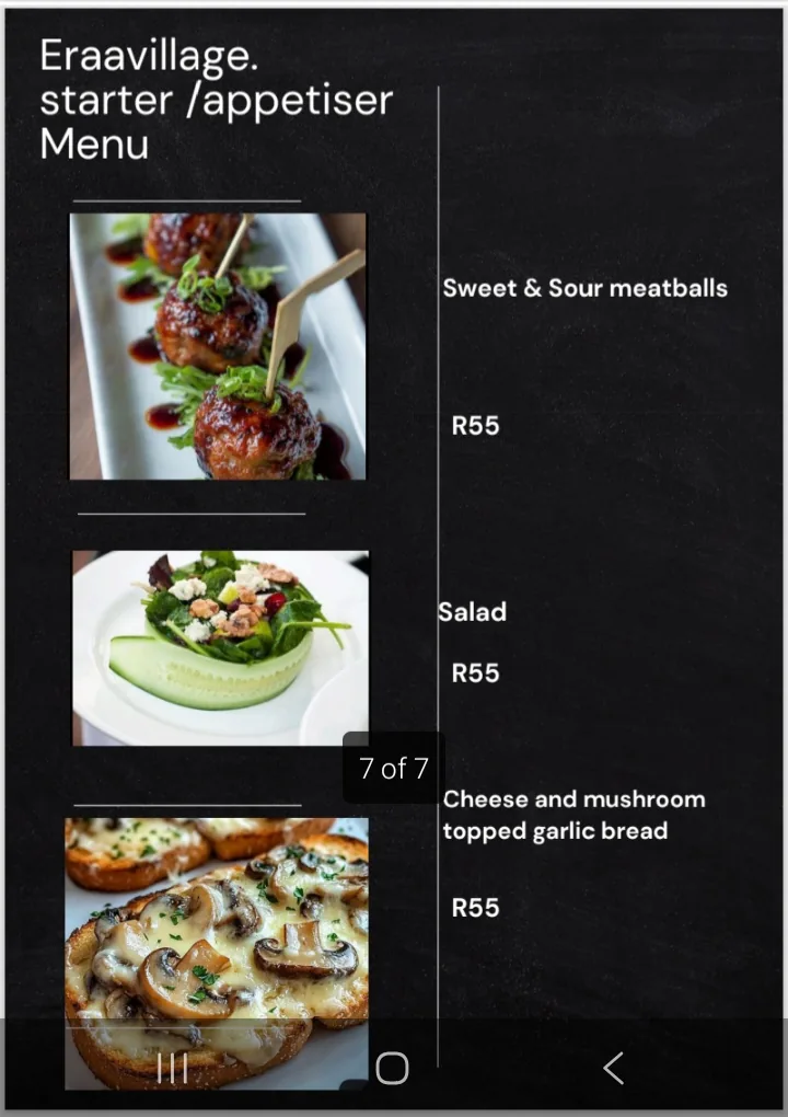 Eraa Village starter menu with photos: meatballs, salad, garlic bread
