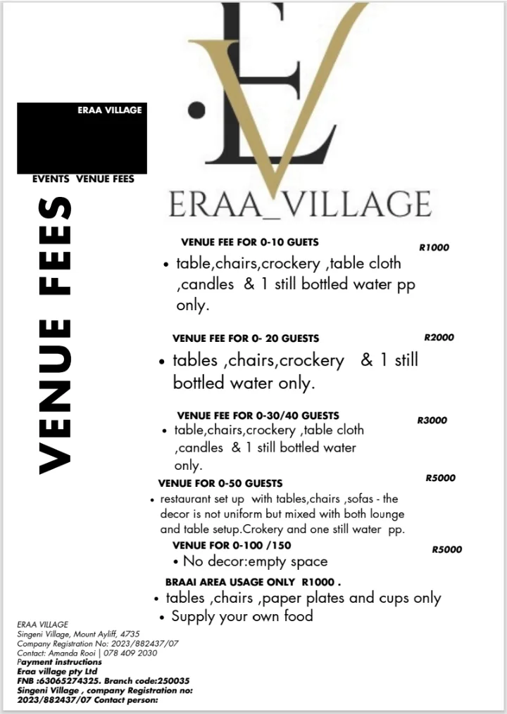 Eraa Village venue fee price list by guest count
